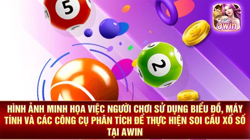 Hình ảnh minh họa việc người chơi sử dụng biểu đồ, máy tính và các công cụ phân tích để thực hiện soi cầu xổ số tại AWIN.